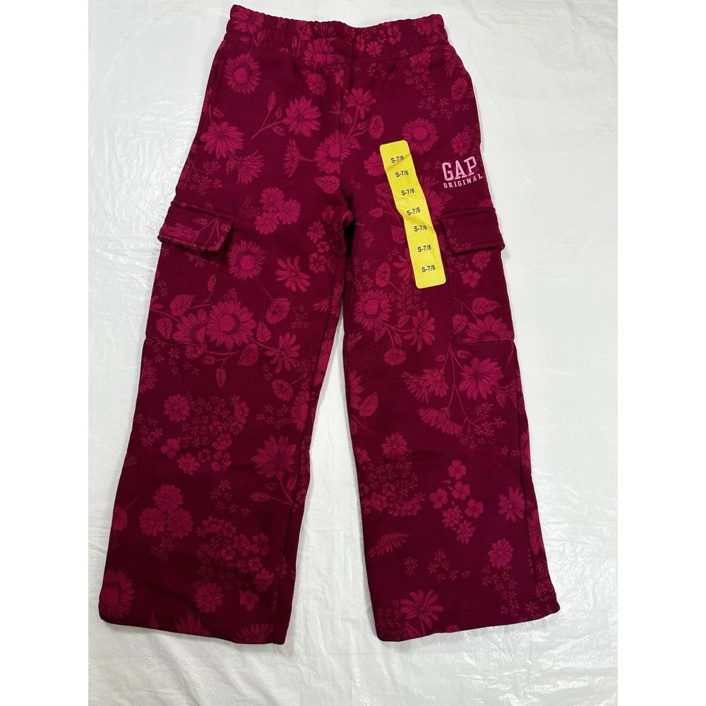 Gap Kids Girls Berry Pink Floral Fleece Cargo Pants Wide Leg Youth Size S 7/8